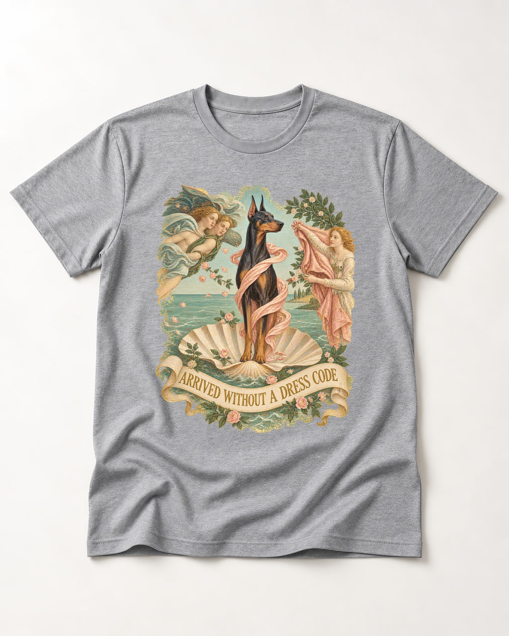Doberman Arrived Without a Dress Code Renaissance Graphic T-Shirt in Sport Grey, flat lay product photo
