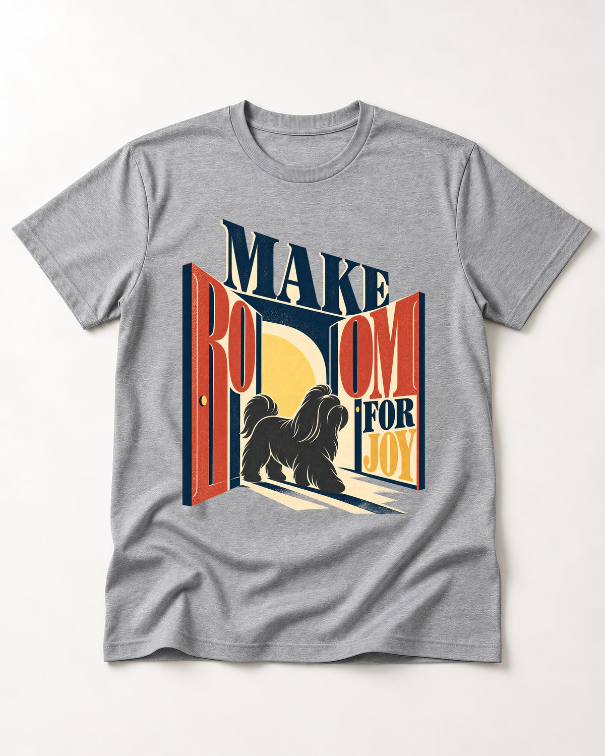 Shih Tzu Make Room for Joy Doorway Graphic T-Shirt in Sport Grey, flat lay product photo
