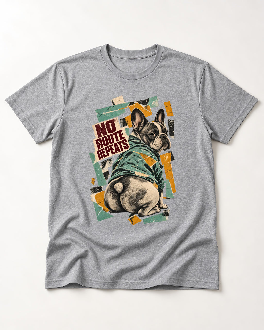 No Route Repeats Frenchie T-Shirt in Sport Grey, flat lay product photo
