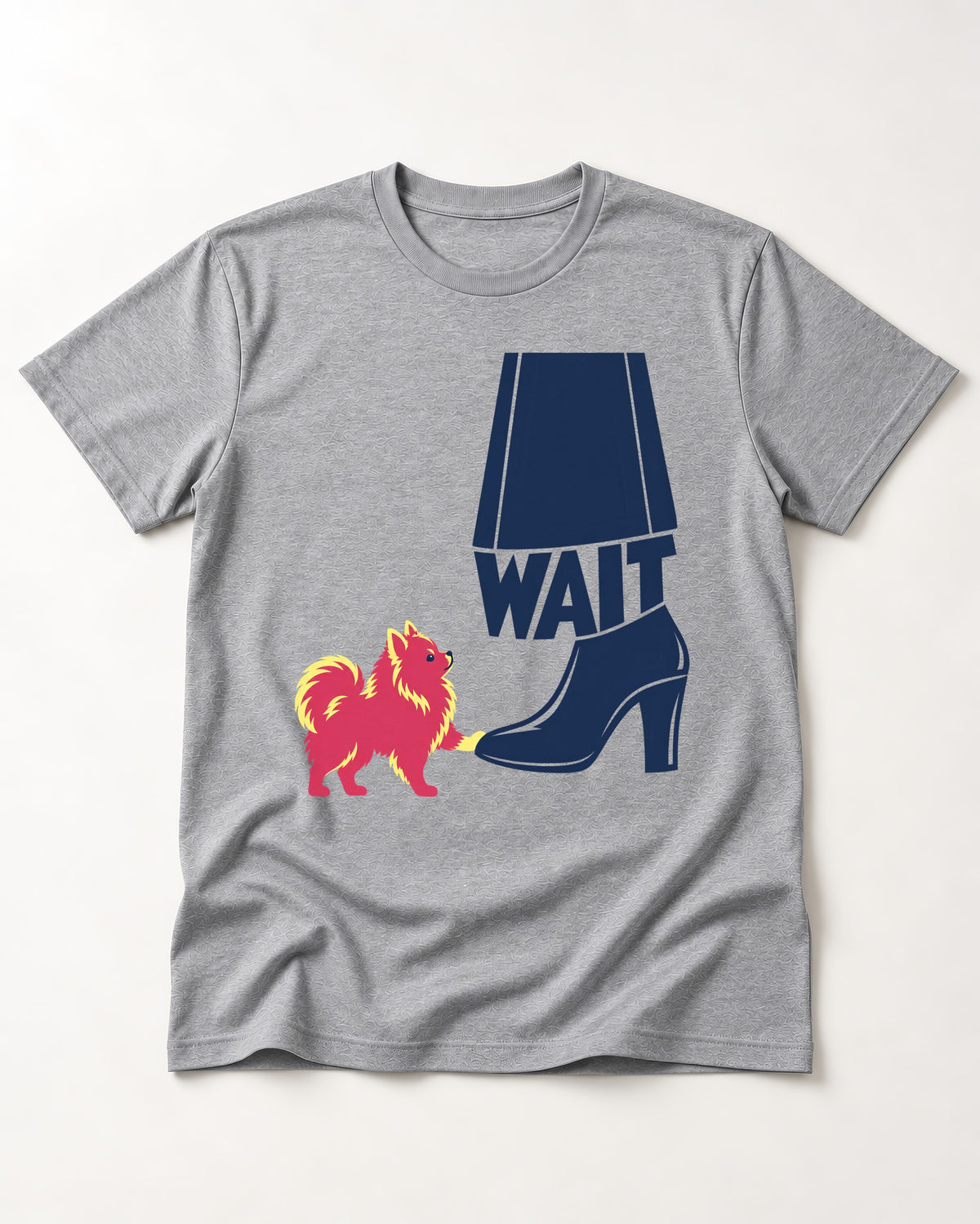 Pomeranian Says Wait T-Shirt in Sport Grey, flat lay product photo
