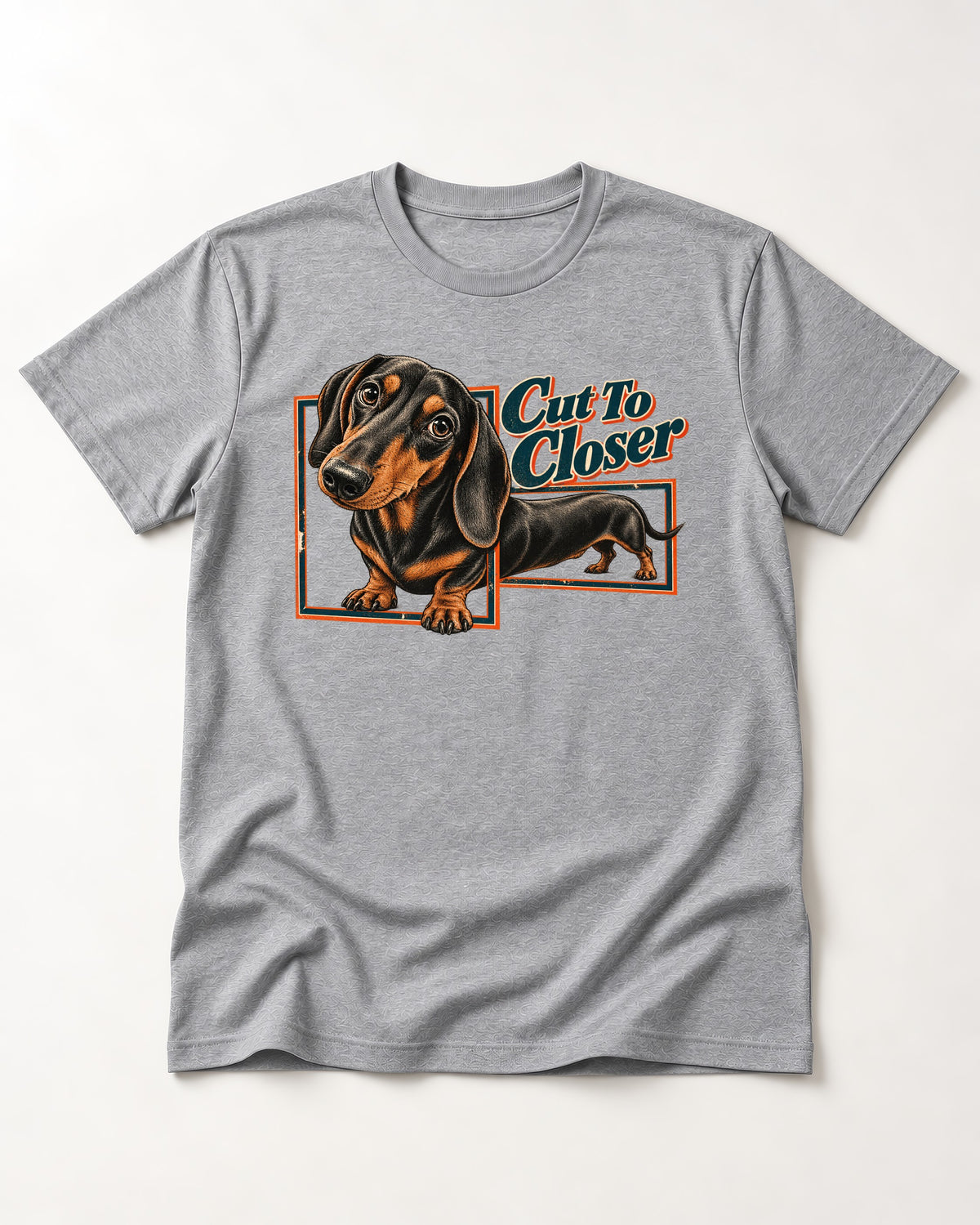 Dachshund Cut to Closer T-Shirt in Sport Grey, flat lay product photo