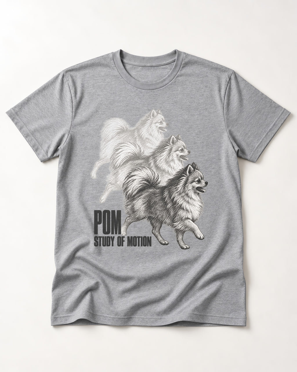 Pomeranian Study of Motion T-Shirt in Sport Grey, flat lay product photo