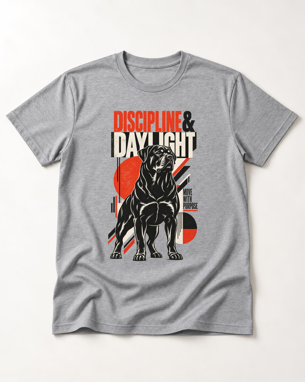 Discipline and Daylight Rottweiler Move With Purpose T-Shirt in Sport Grey, flat lay product photo