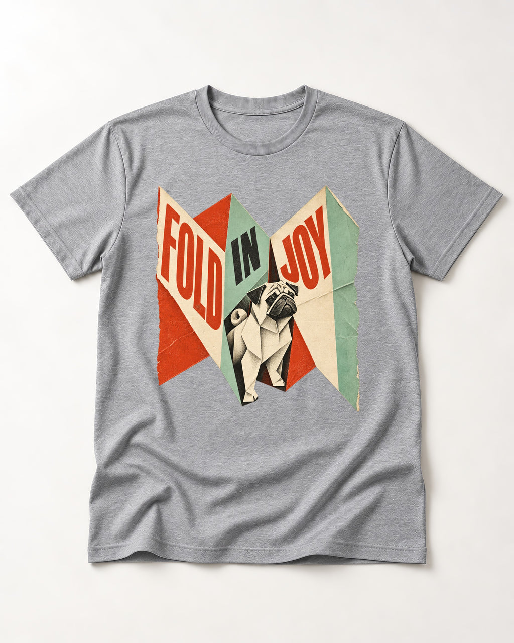 Pug Fold in Joy Geometric Poster Graphic T-Shirt in Sport Grey, flat lay product photo