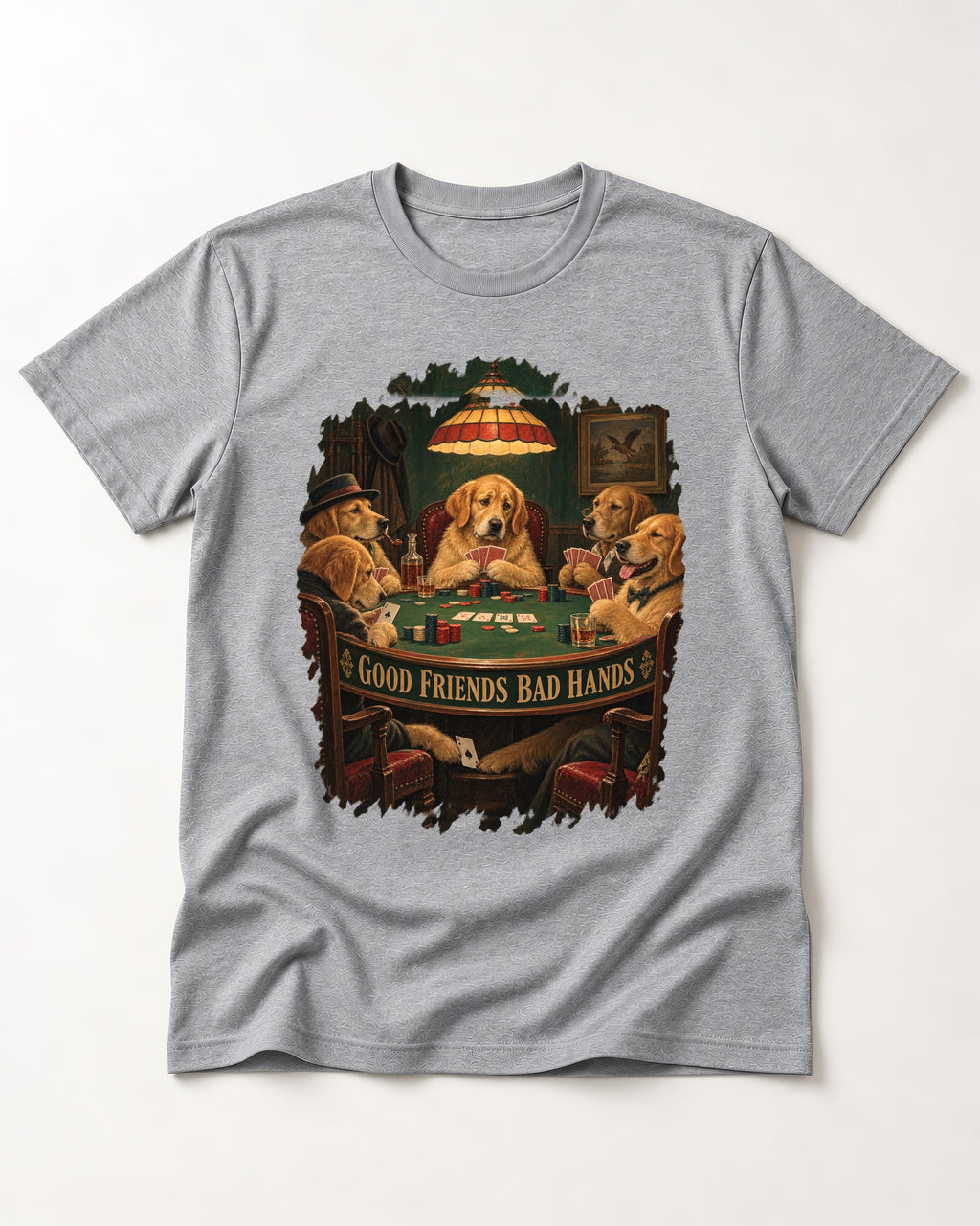 Good Friends Bad Hands Poker Golden Retriever Graphic T-Shirt in Sport Grey, flat lay product photo