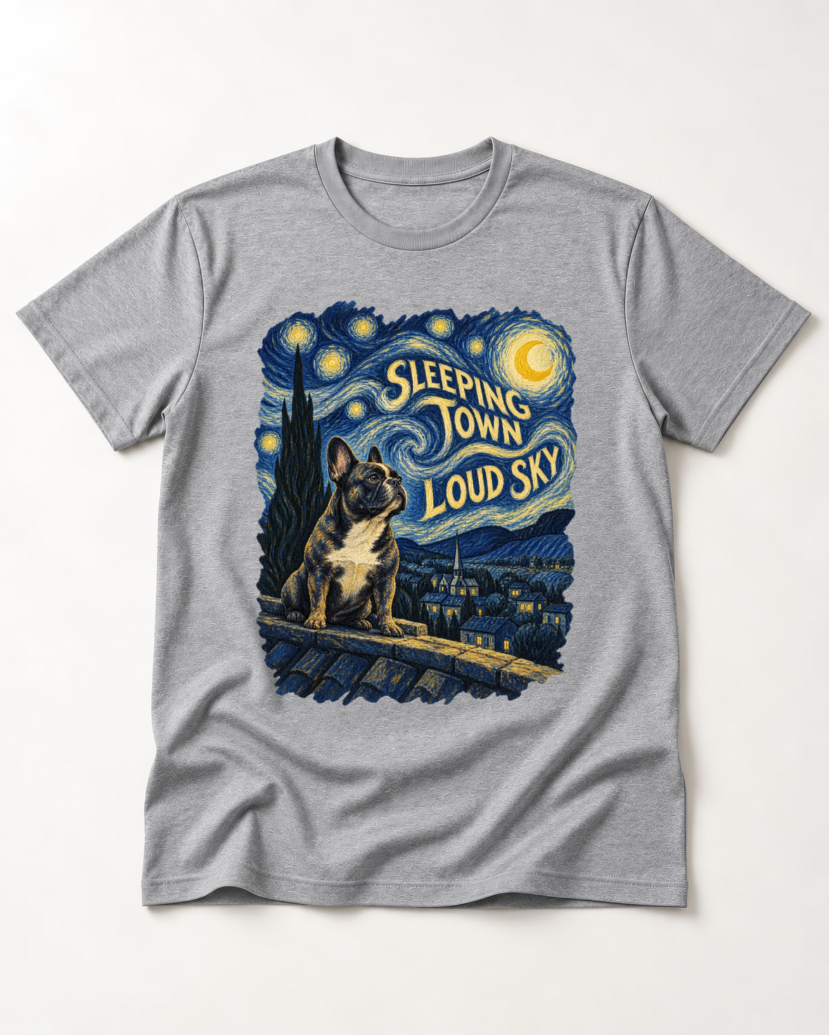 Frenchie Sleeping Town Loud Sky Rooftop Graphic T-Shirt in Sport Grey, flat lay product photo