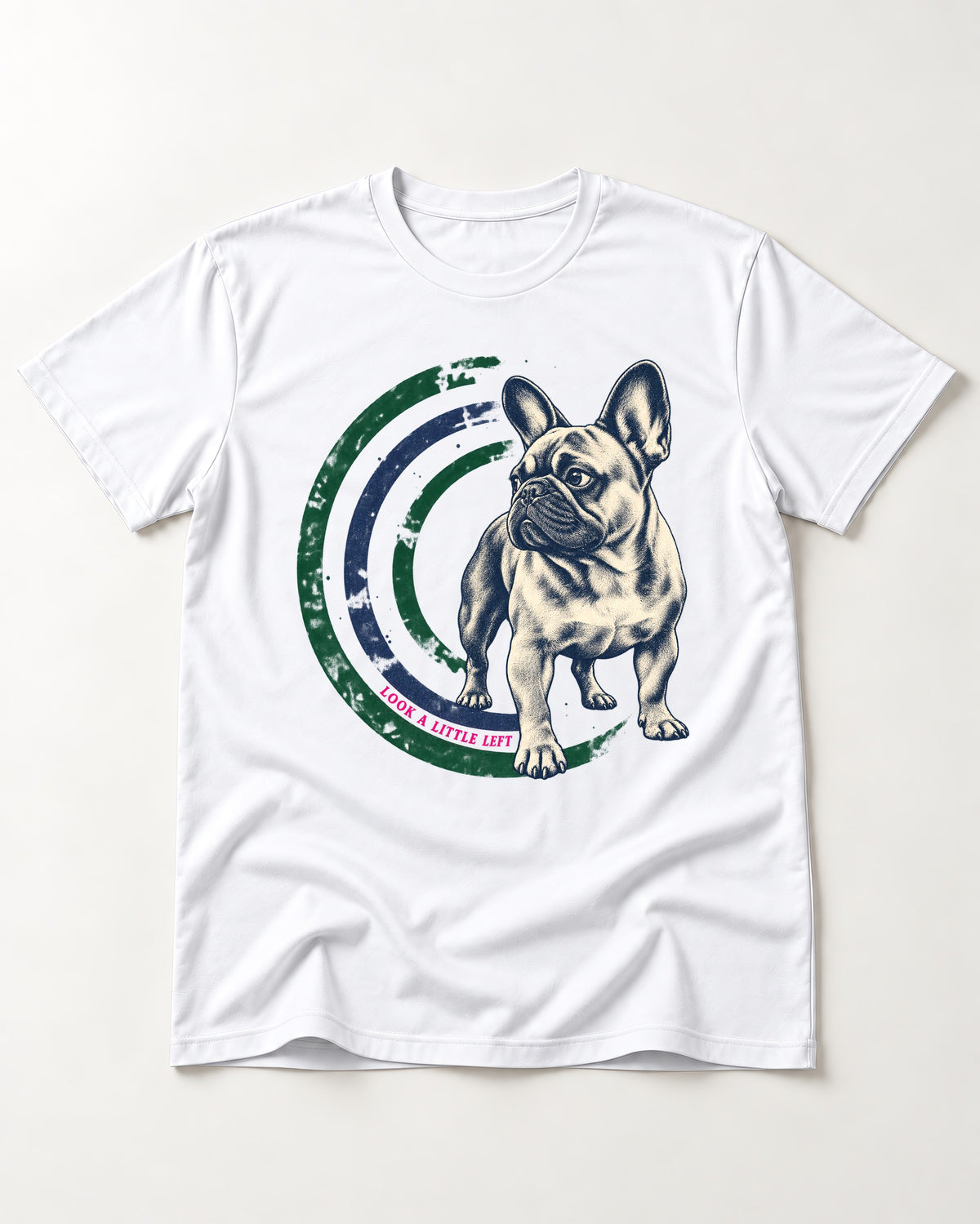 Frenchie Look a Little Left Orbit Graphic T-Shirt in White, flat lay product photo