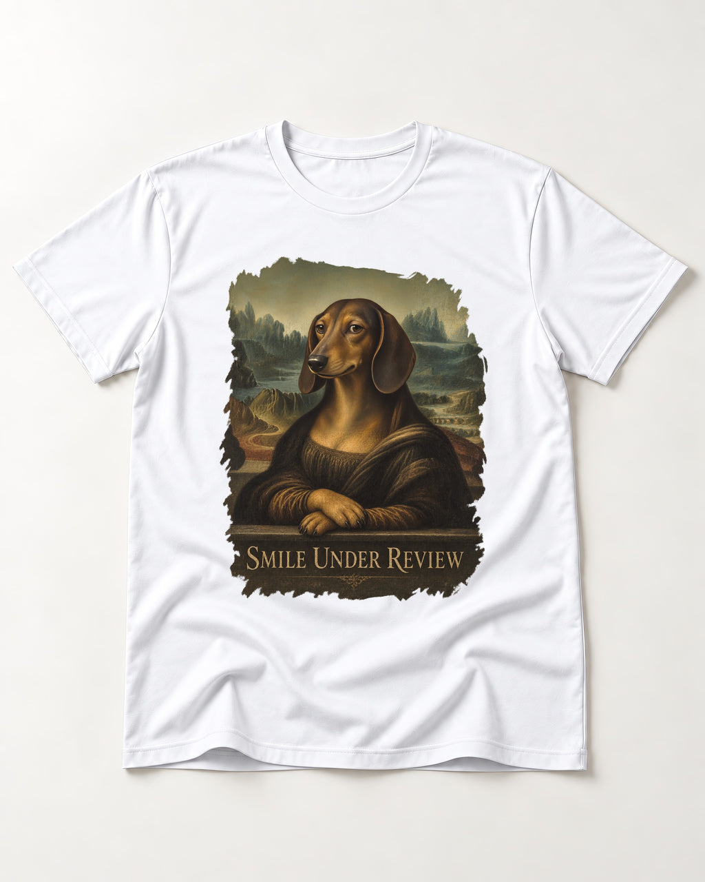 Dachshund Smile Under Review Mona Lisa Graphic T-Shirt in White, flat lay product photo