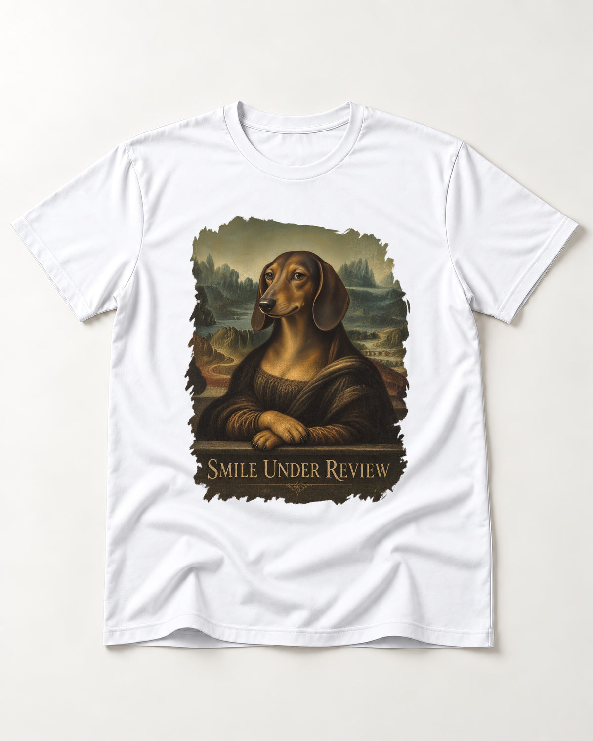 Dachshund Smile Under Review Mona Lisa Graphic T-Shirt in White, flat lay product photo