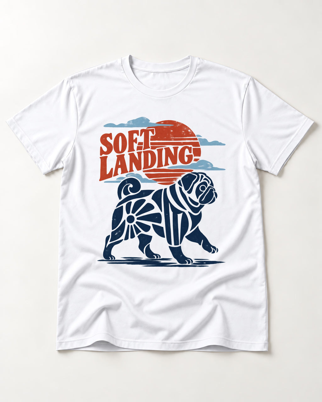 Pug's Soft Landing T-Shirt in White, flat lay product photo