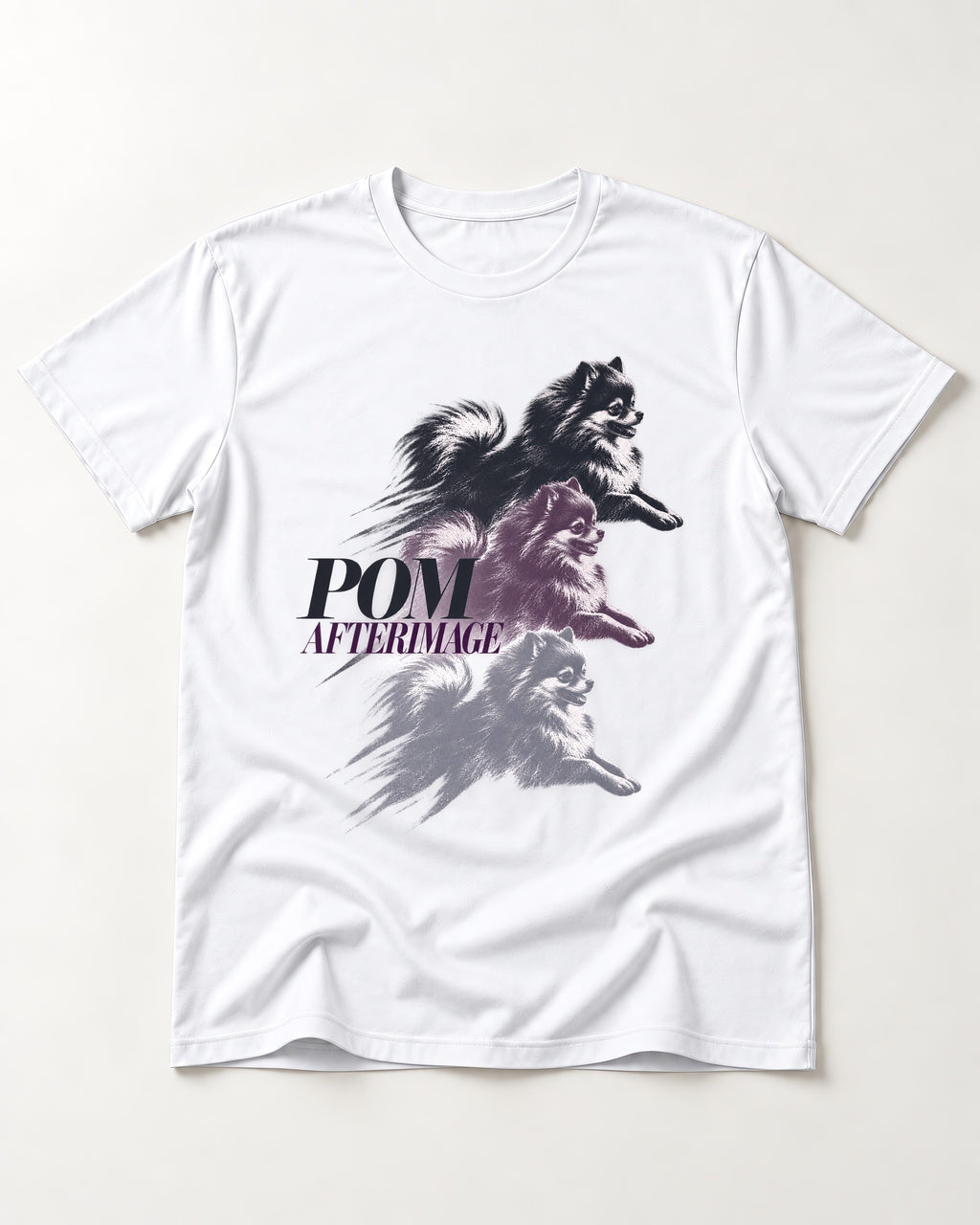 Pomeranian Afterimage T-Shirt in White, flat lay product photo