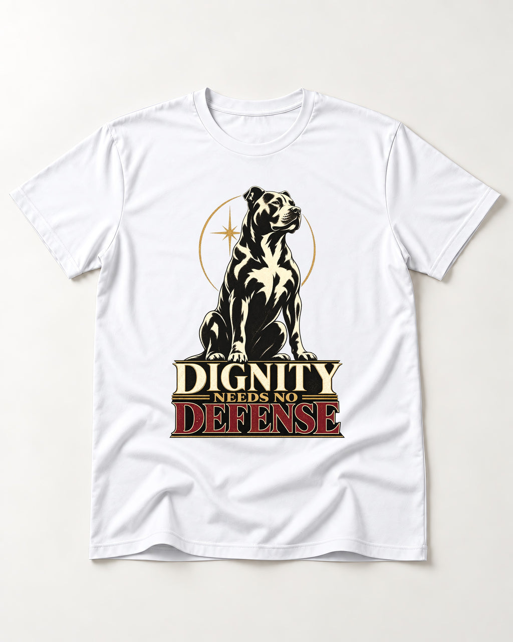 Pitbull Dignity Needs No Defense Seated Emblem Graphic T-Shirt in White, flat lay product photo