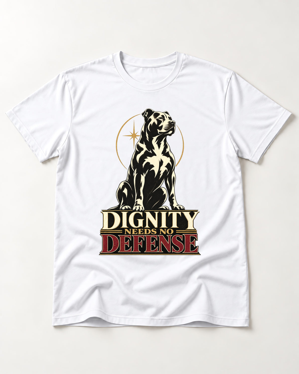 Pitbull Dignity Needs No Defense Seated Emblem Graphic T-Shirt in White, flat lay product photo