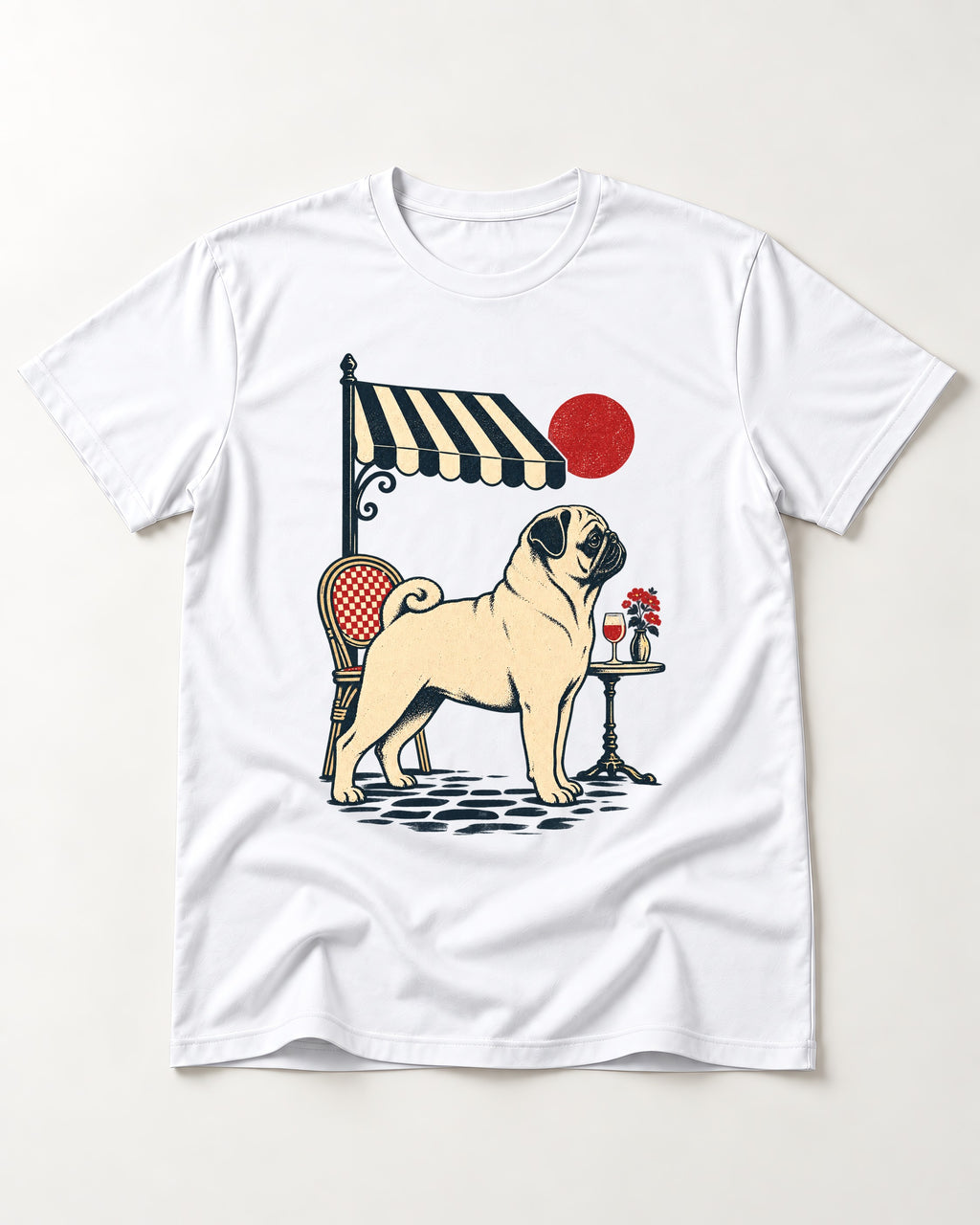 Pug Joie De Vivre T-Shirt in White, flat lay product photo