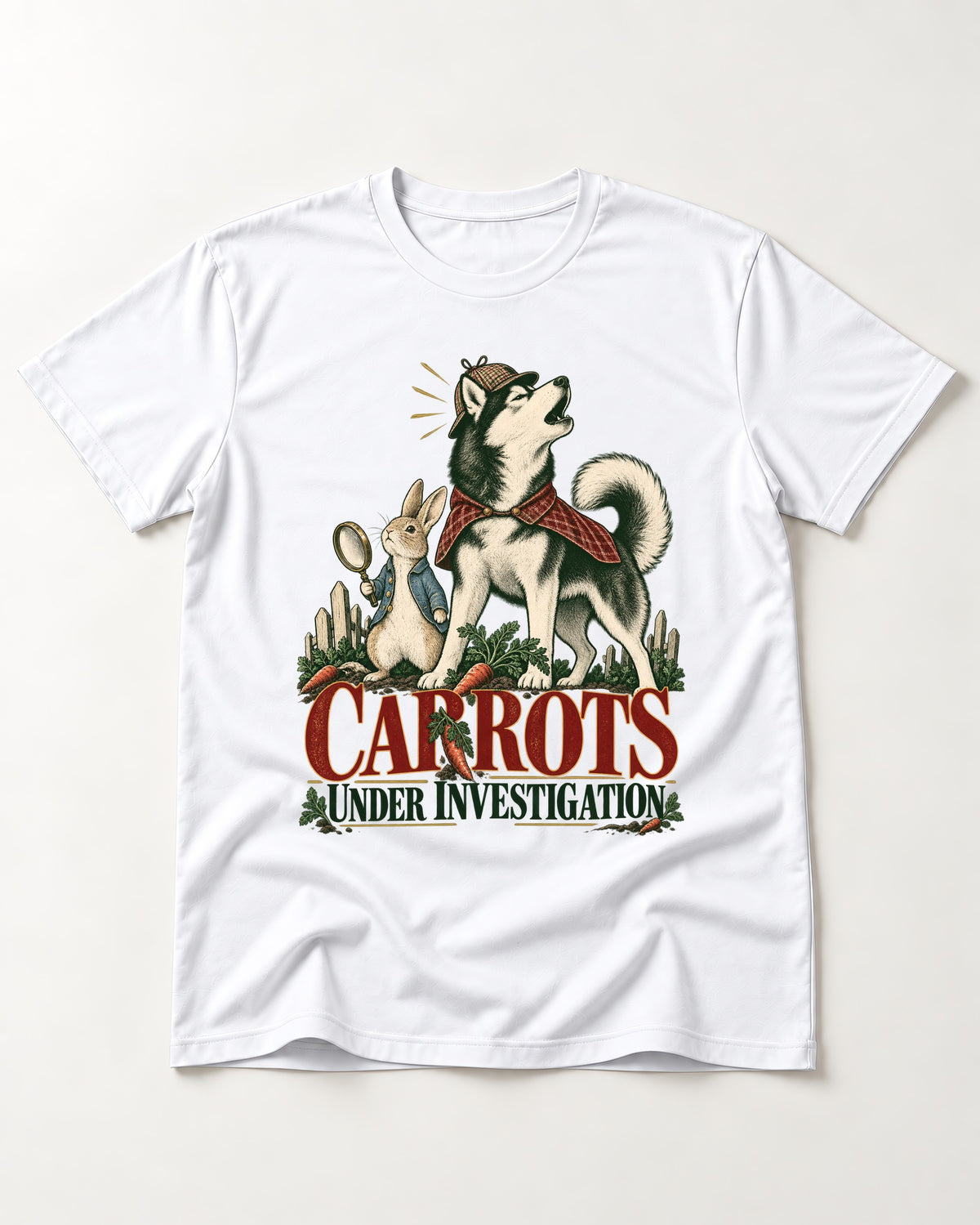 Carrots Under Husky Investigation T-Shirt in White, flat lay product photo