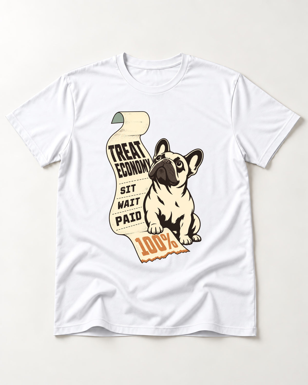 Frenchie Treat Economy Sit Wait Paid Receipt Graphic T-Shirt in White, flat lay product photo