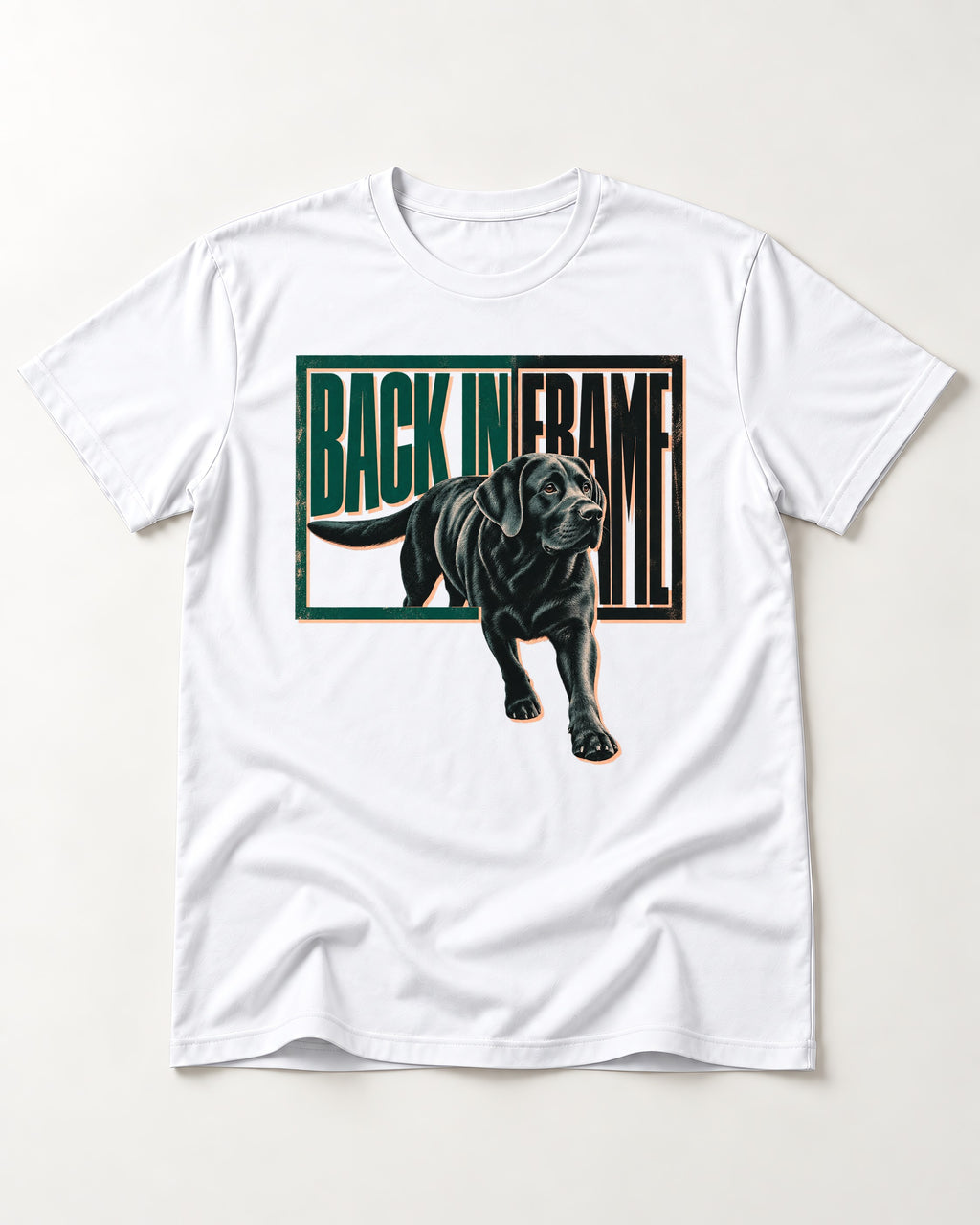 Labrador Retriever Back in Frame T-Shirt in White, flat lay product photo