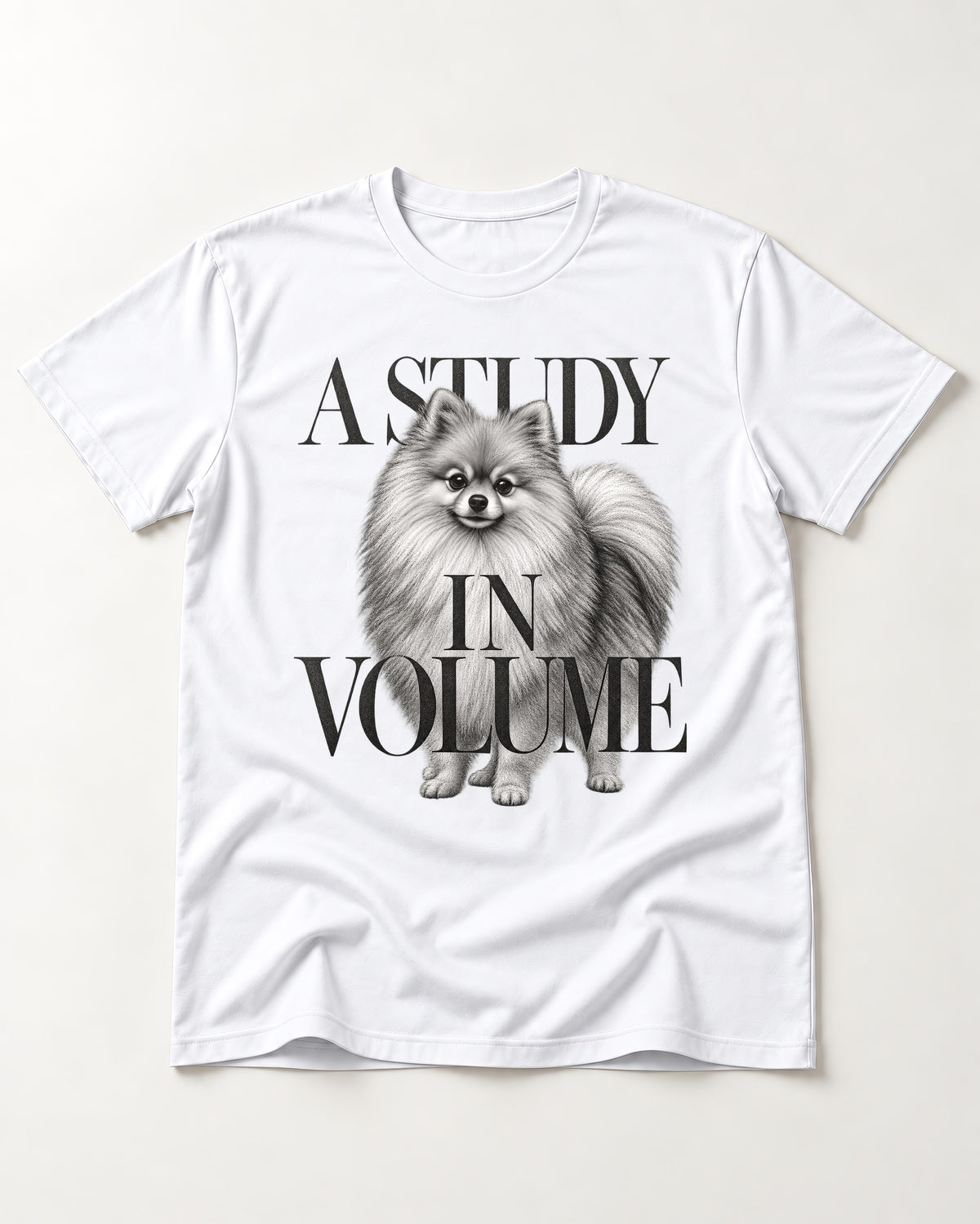 Pomeranian Study in Volume T-Shirt in White, flat lay product photo