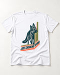 German Shepherd Dog Just Checking the Corner T-Shirt in White, flat lay product photo