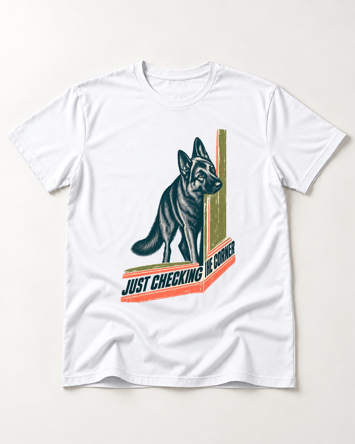 German Shepherd Dog Just Checking the Corner T-Shirt in White, flat lay product photo