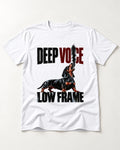 Deep Voice Low Frame Dachshund T-Shirt in White, flat lay product photo