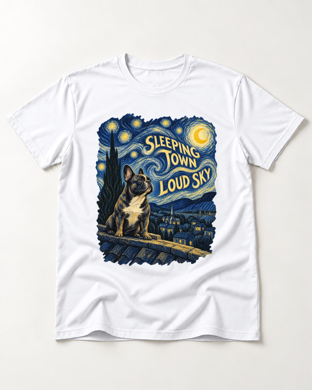 Frenchie Sleeping Town Loud Sky Rooftop Graphic T-Shirt in White, flat lay product photo