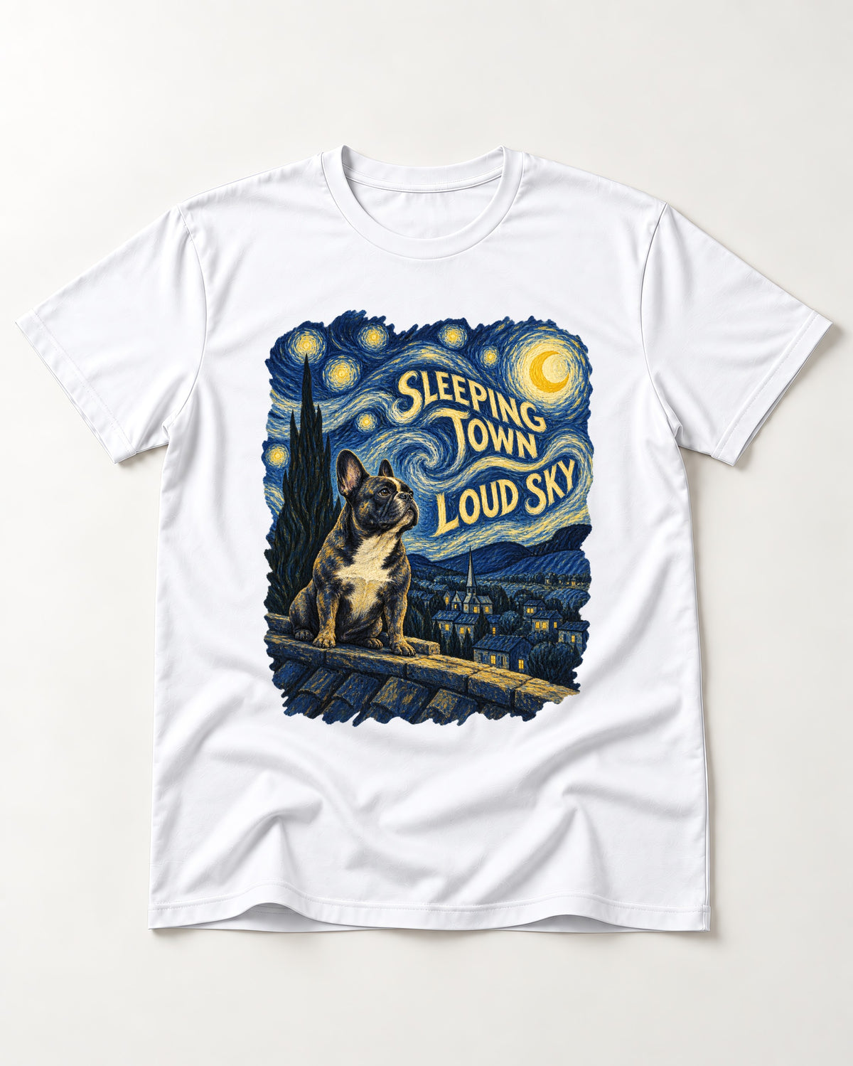 Frenchie Sleeping Town Loud Sky Rooftop Graphic T-Shirt in White, flat lay product photo