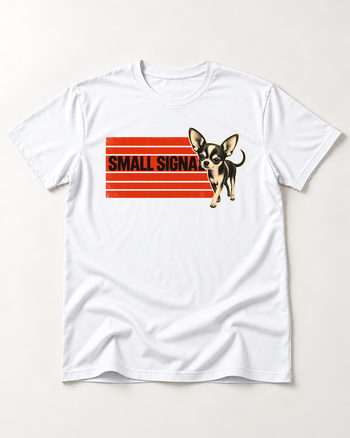 Small Signal Chihuahua T-Shirt in White, flat lay product photo