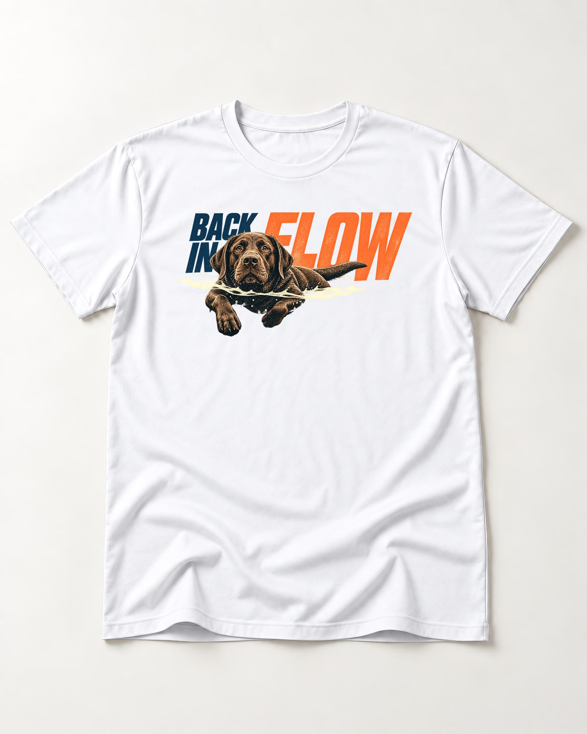 Labrador Retriever Back in Flow T-Shirt in White, flat lay product photo