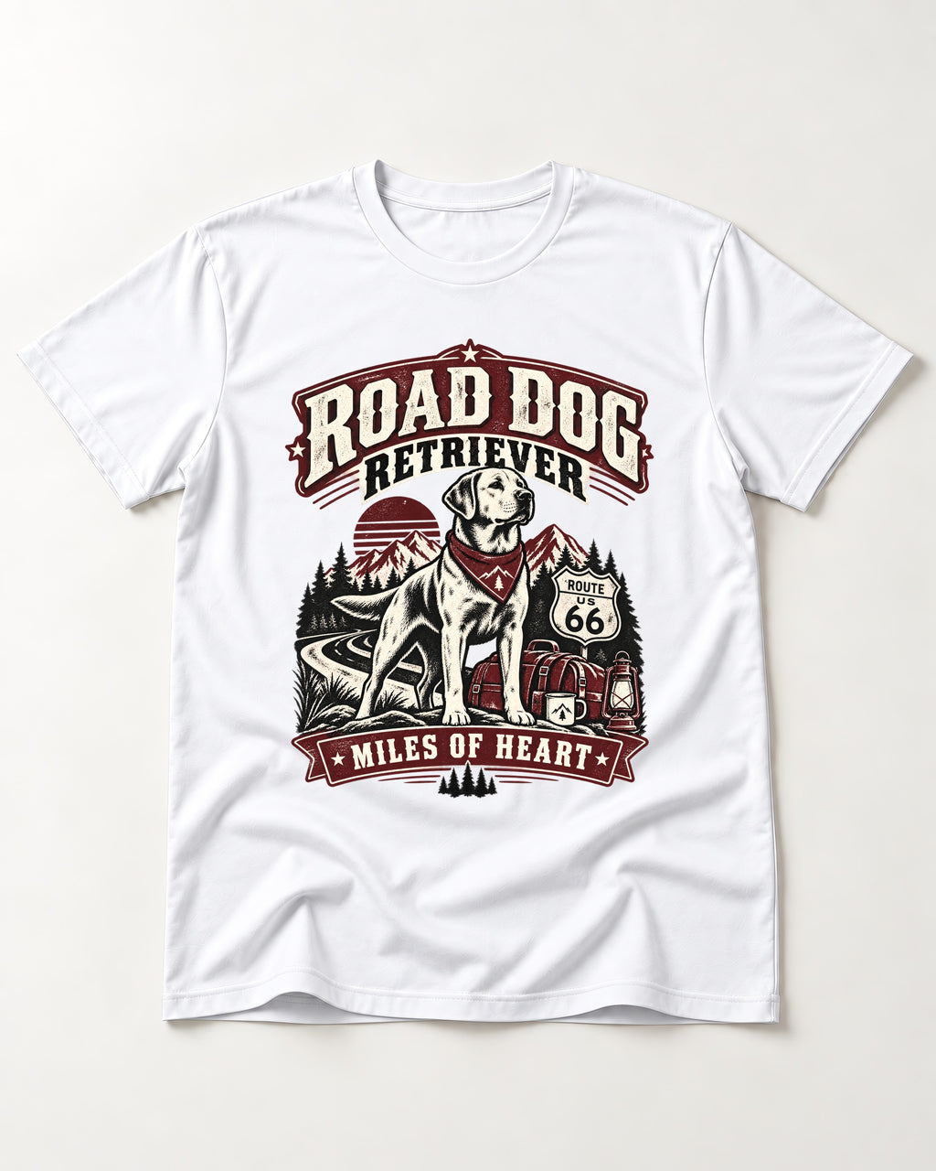 Labrador Retriever Road Dog Miles of Heart Route 66 Graphic T-Shirt in White, flat lay product photo