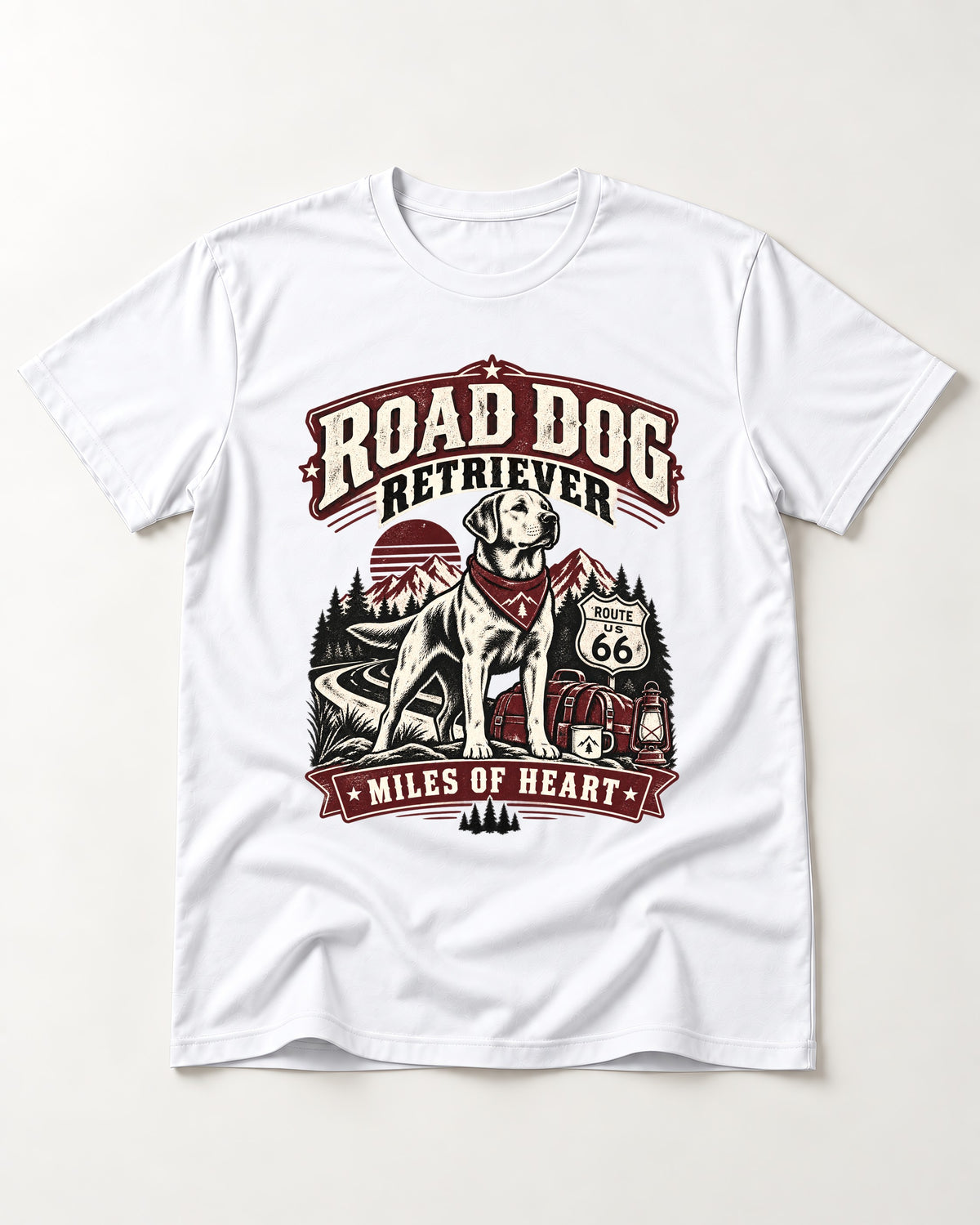 Labrador Retriever Road Dog Miles of Heart Route 66 Graphic T-Shirt in White, flat lay product photo