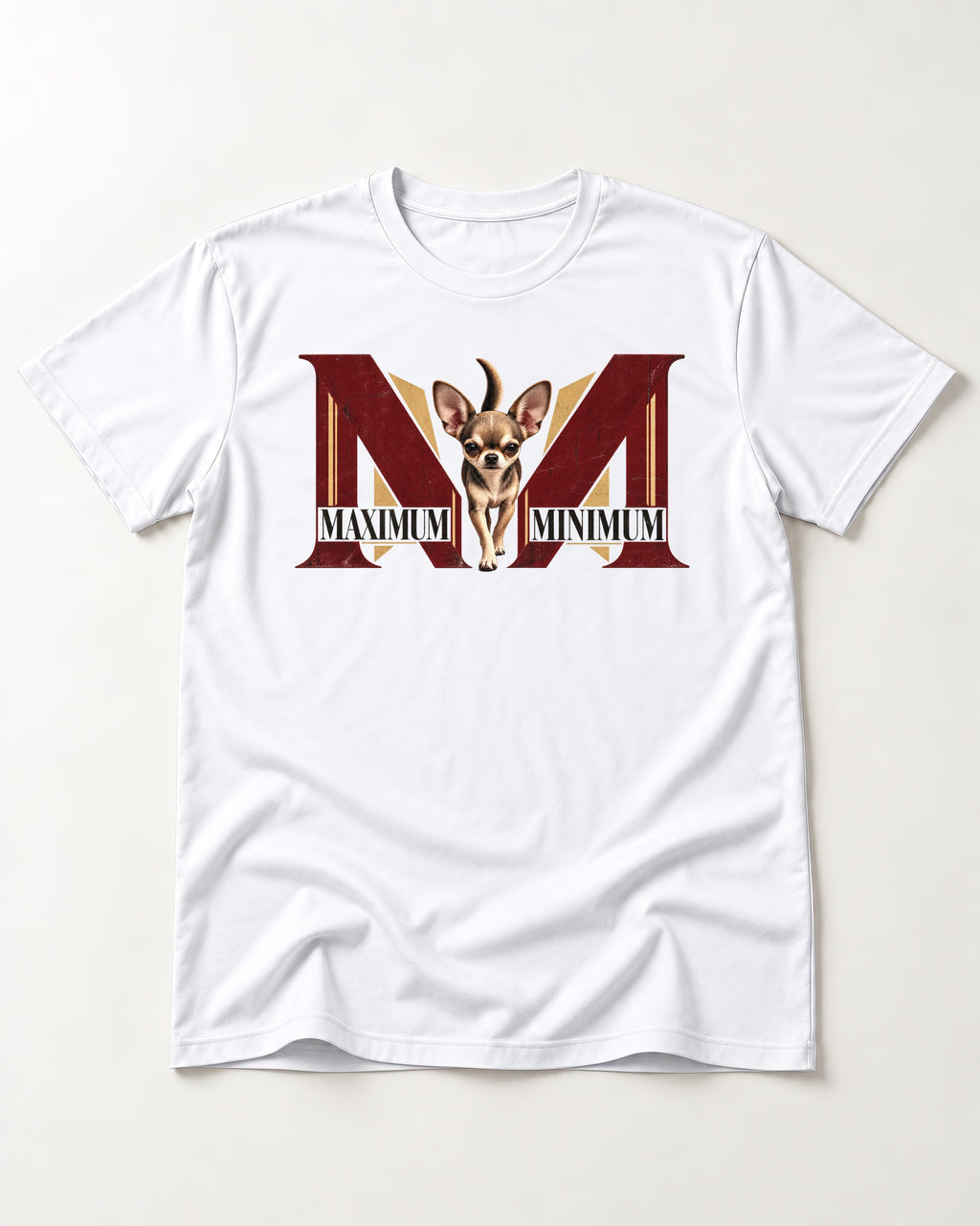 Maximum Minimum Chihuahua T-Shirt in White, flat lay product photo