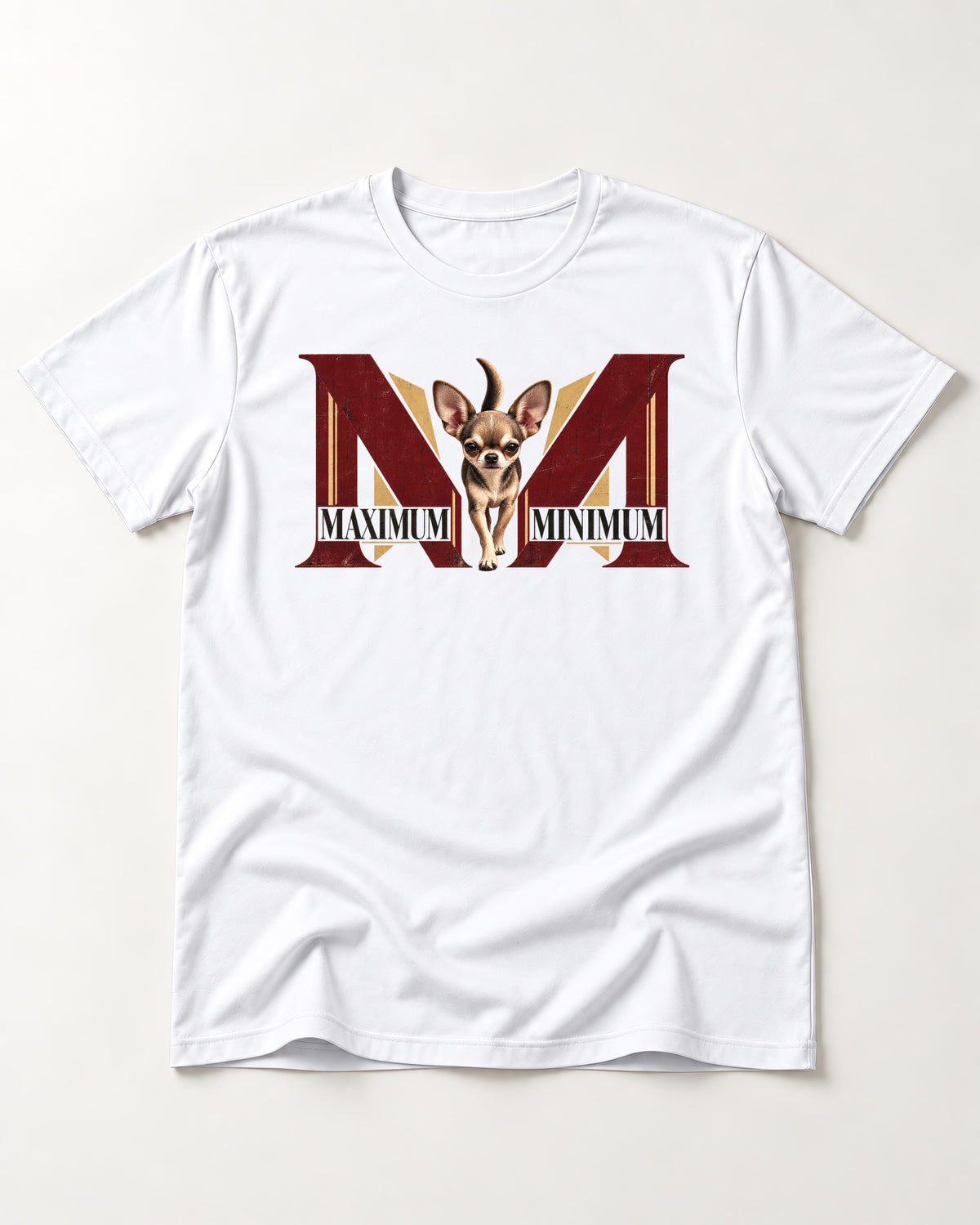 Maximum Minimum Chihuahua T-Shirt in White, flat lay product photo