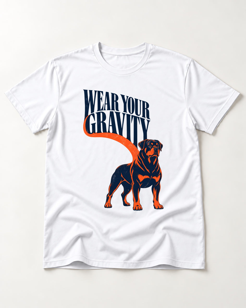 Wear Your Gravity Rottweiler T-Shirt in White, flat lay product photo