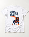 Wear Your Gravity Rottweiler T-Shirt in White, flat lay product photo