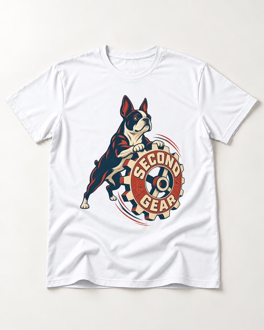 Second Gear Boston Terrier Graphic T-Shirt in White, flat lay product photo