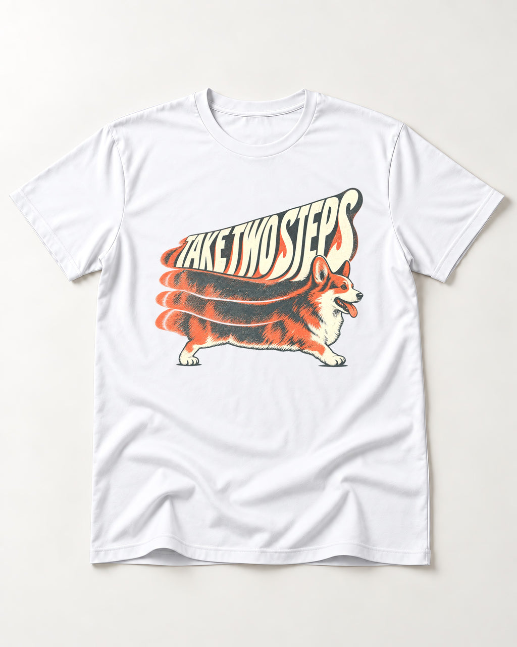 Corgi Take Two Steps Motion Trail Graphic T-Shirt in White, flat lay product photo