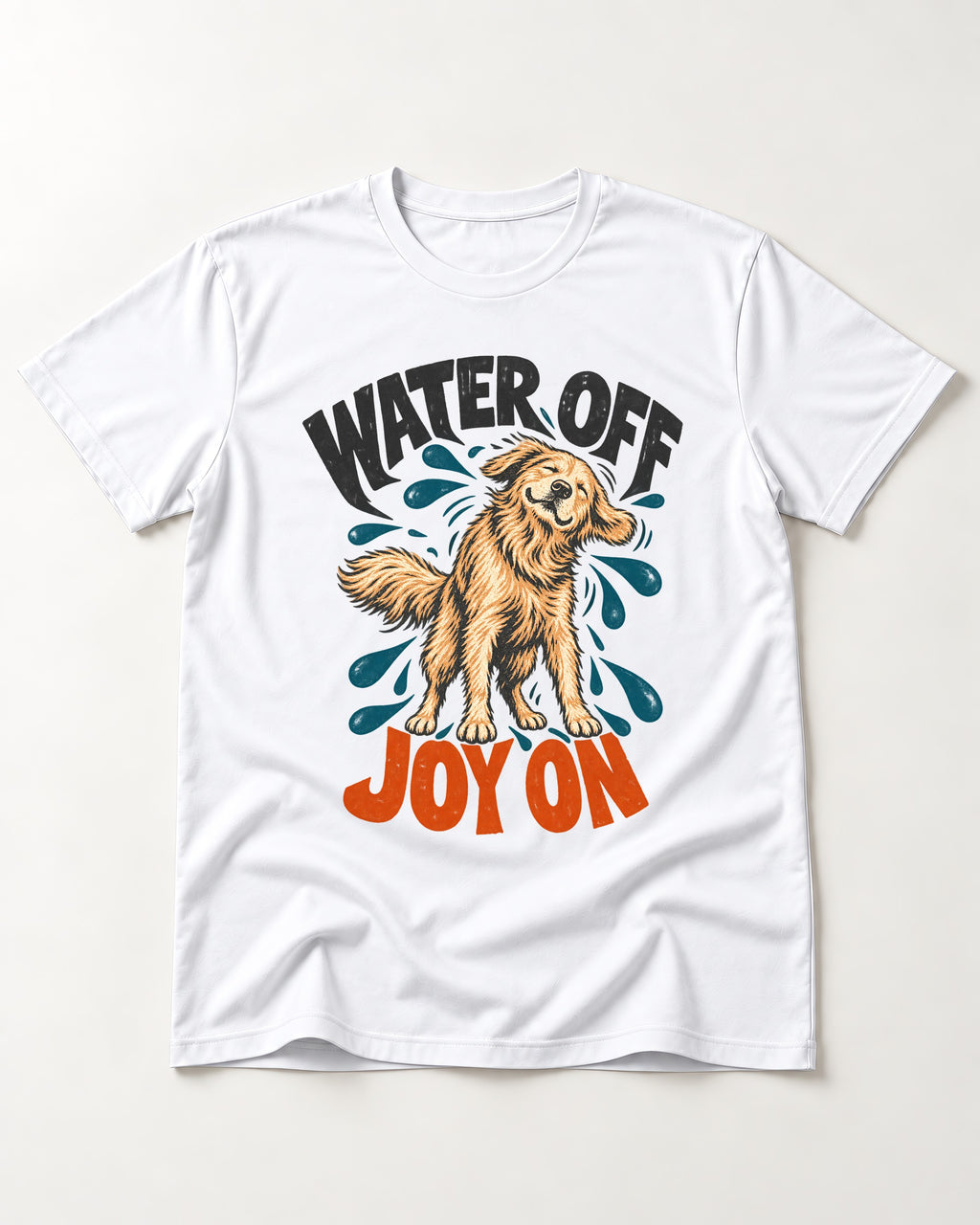 Water Off Joy on Golden Retriever T-Shirt in White, flat lay product photo