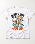 Water Off Joy on Golden Retriever T-Shirt in White, flat lay product photo