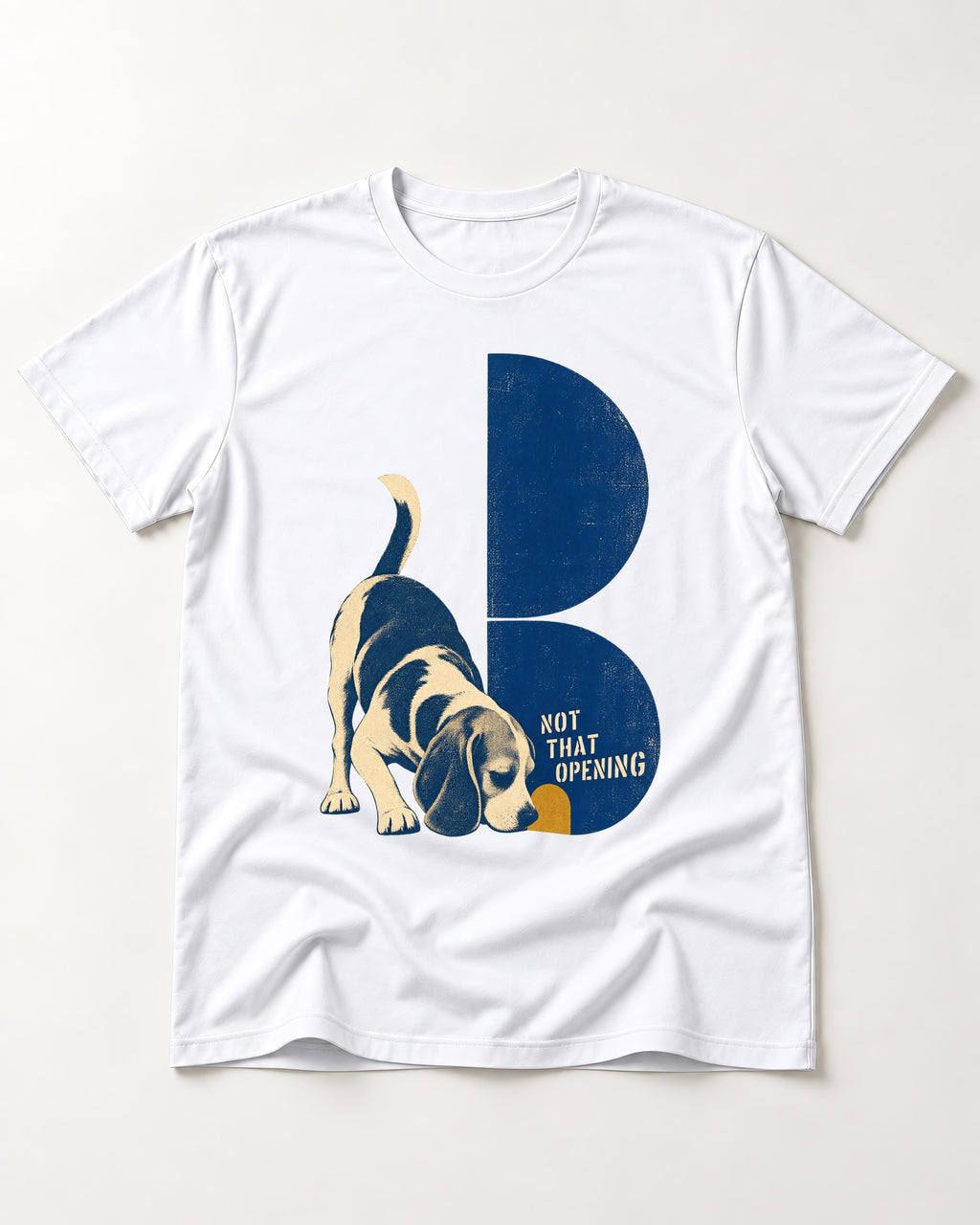 Not That Opening Beagle T-Shirt in White, flat lay product photo