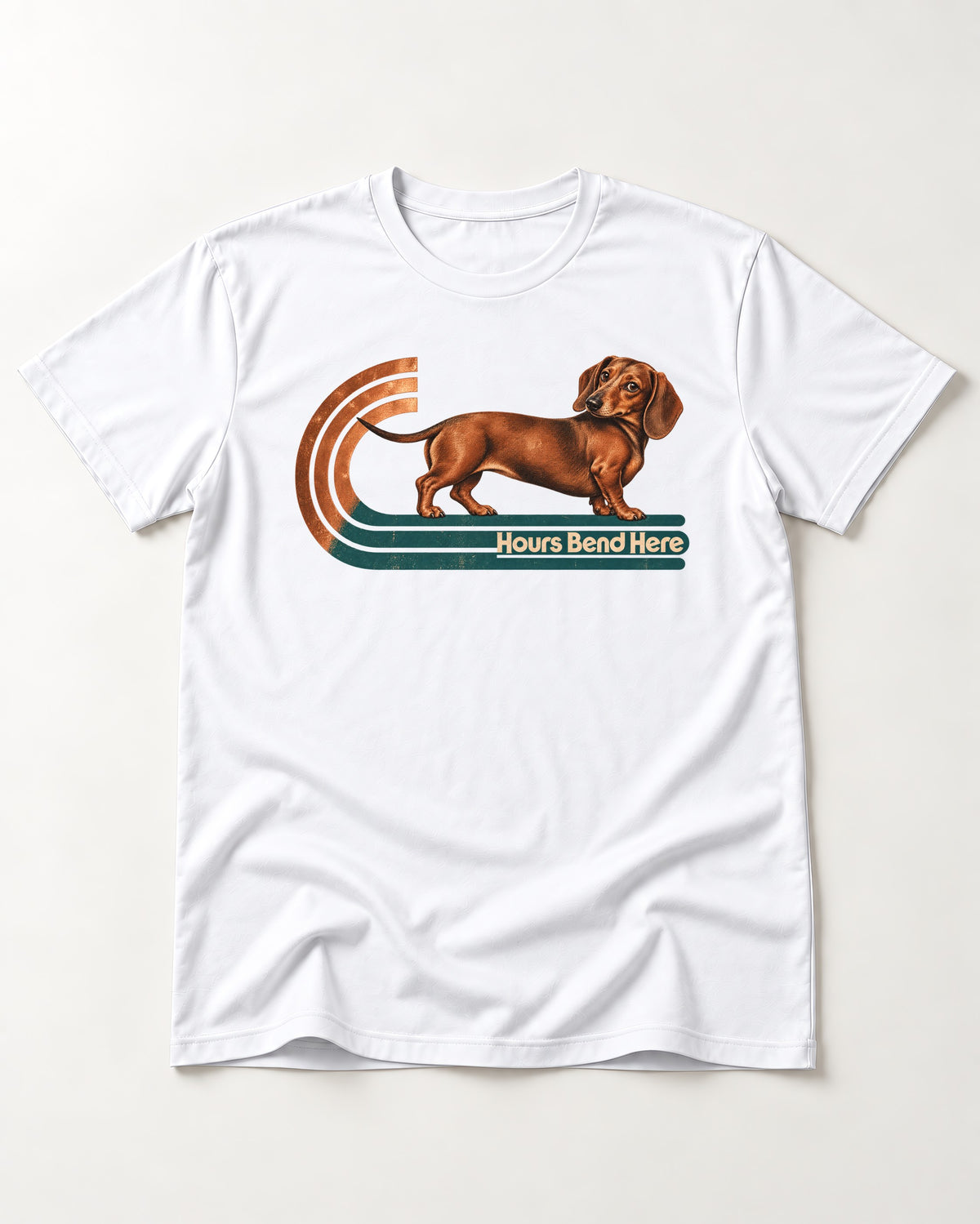 Dachshund Hours Bend Here Retro Track Graphic T-Shirt in White, flat lay product photo
