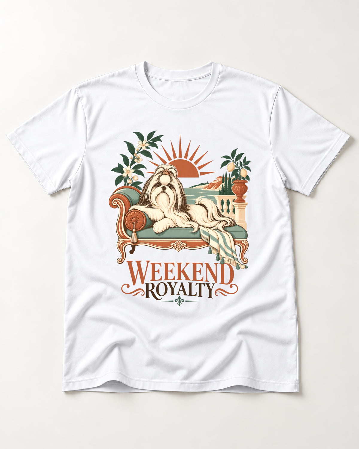 Shih Tzu Weekend Royalty T-Shirt in White, flat lay product photo