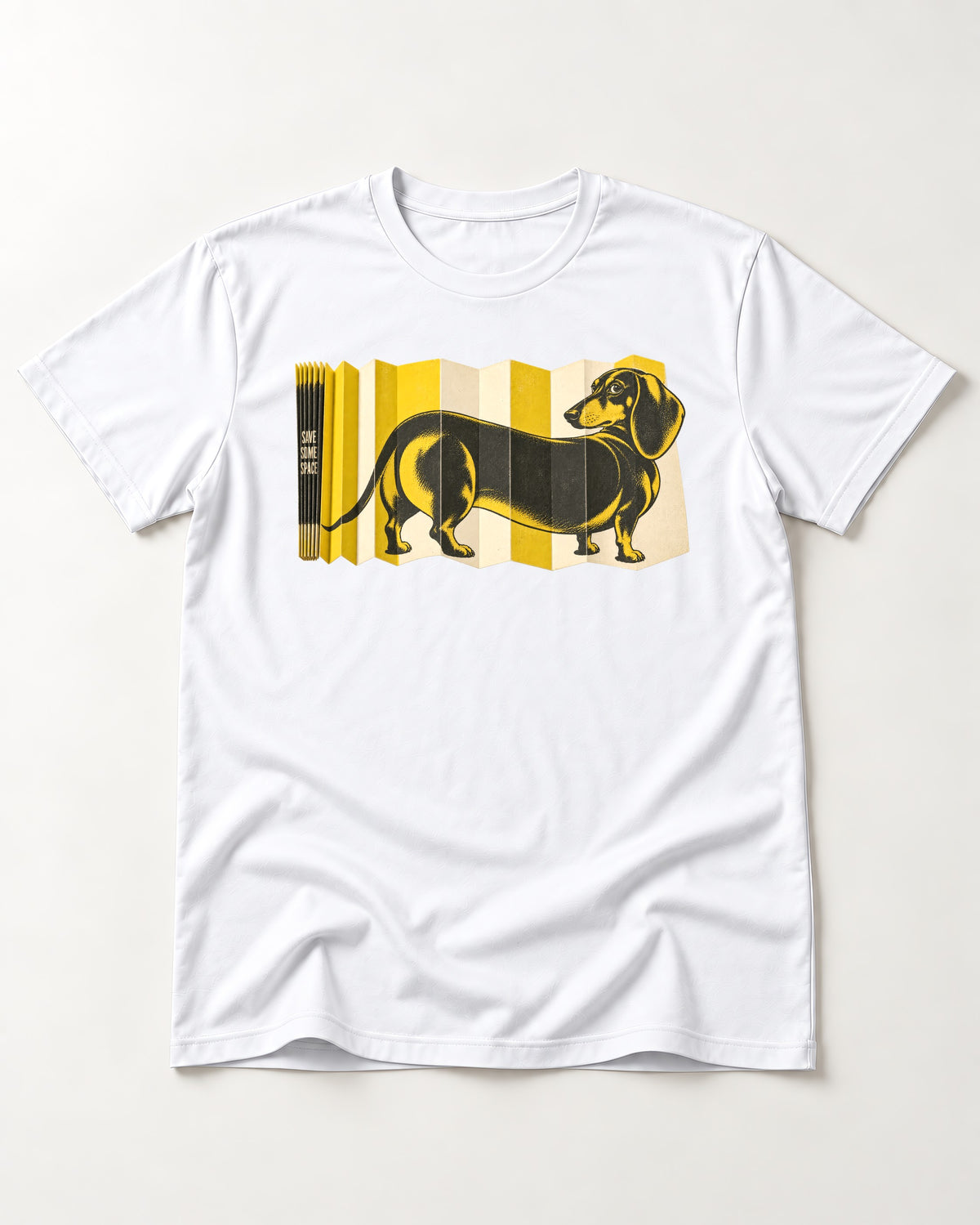 Dachshund Save Some Space Accordion Screen Graphic T-Shirt in White, flat lay product photo