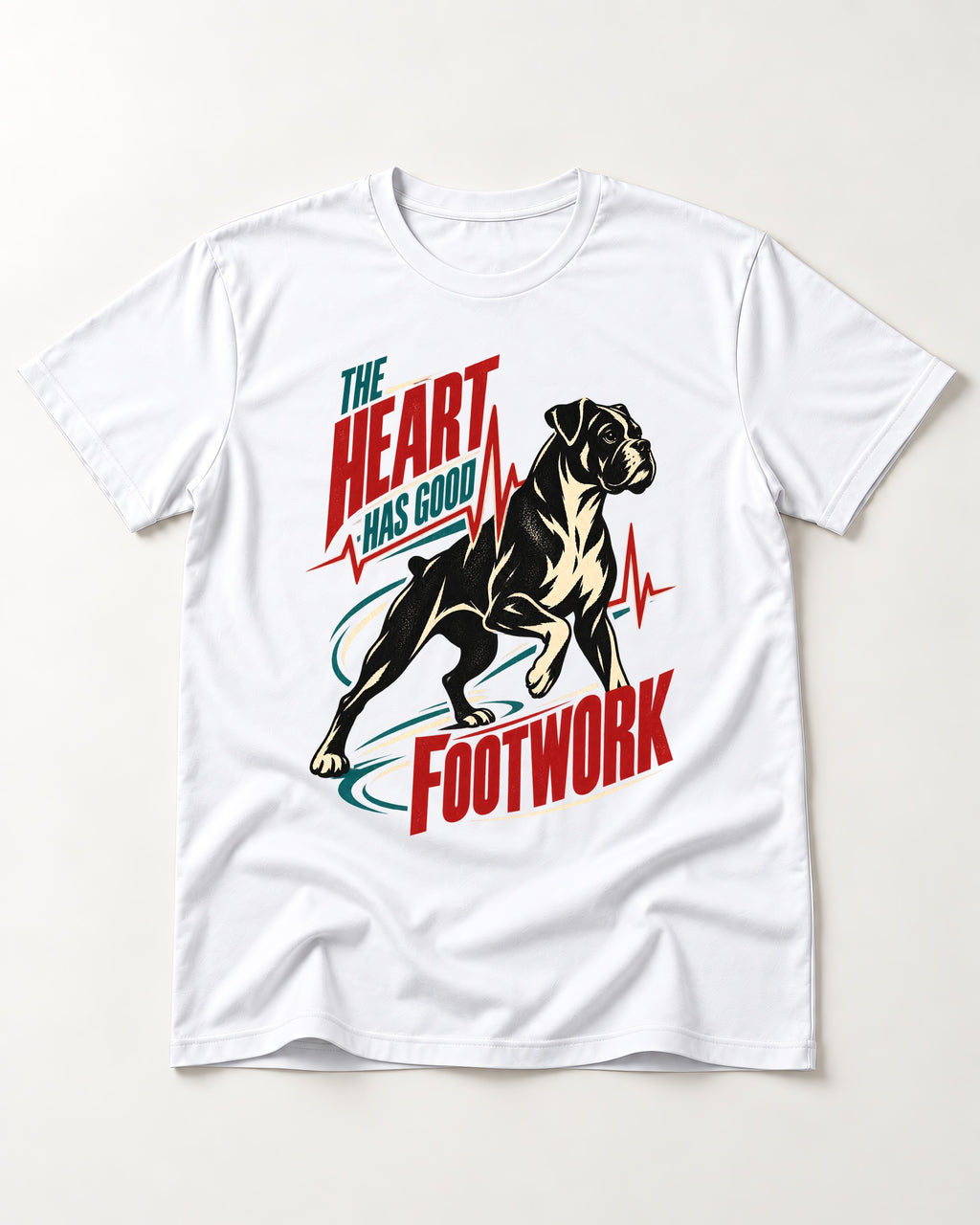 Boxer Heart Has Good Footwork T-Shirt in White, flat lay product photo