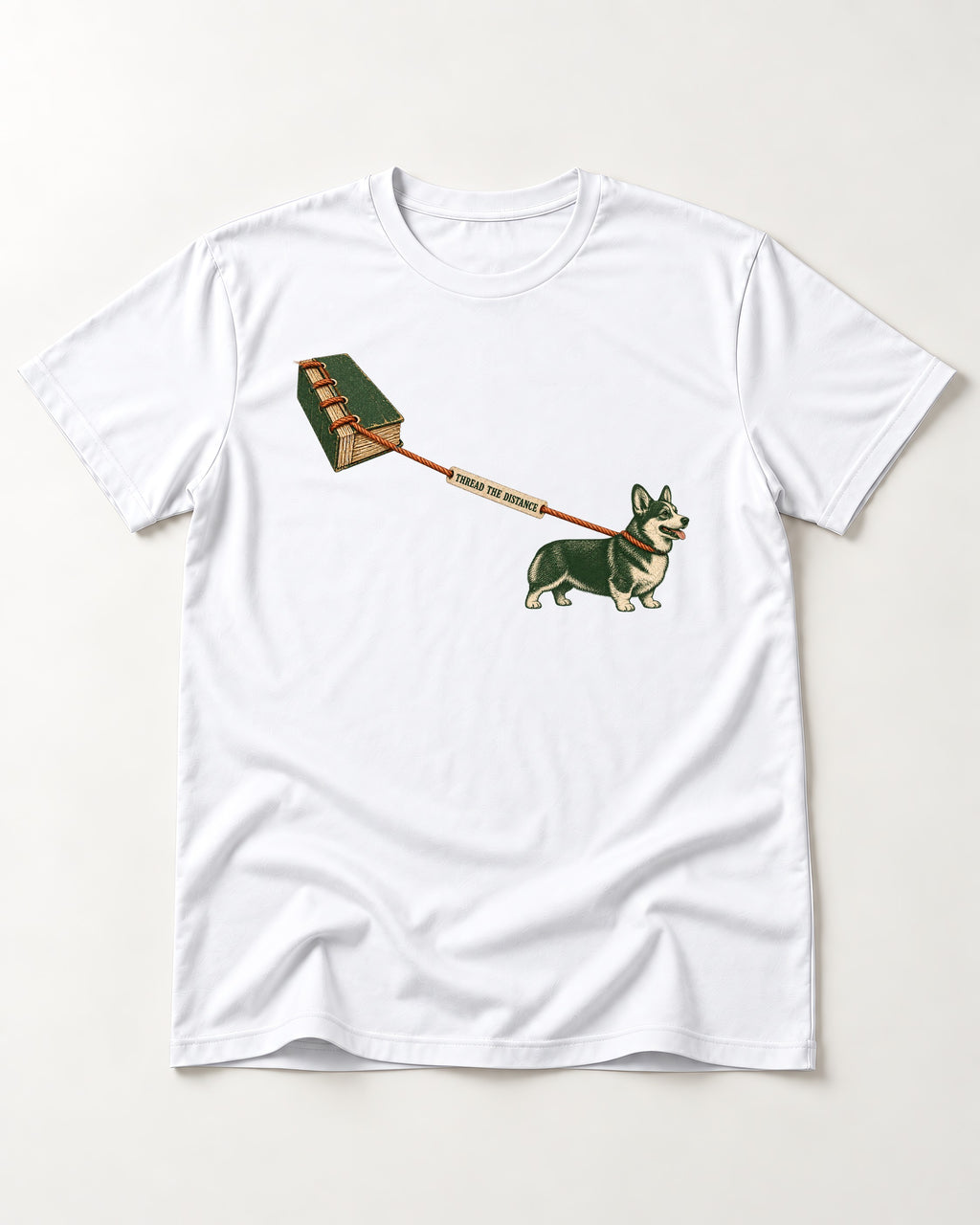 Thread the Distance with Corgi T-Shirt in White, flat lay product photo