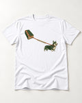 Thread the Distance with Corgi T-Shirt in White, flat lay product photo