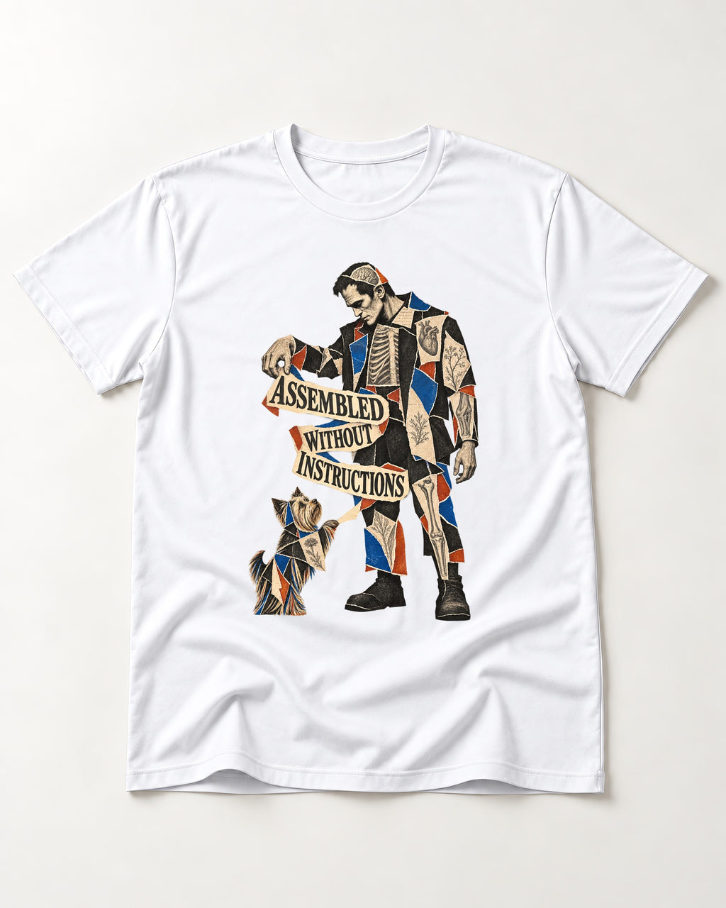Yorkshire Terrier Assembled Without Instructions T-Shirt in White, flat lay product photo