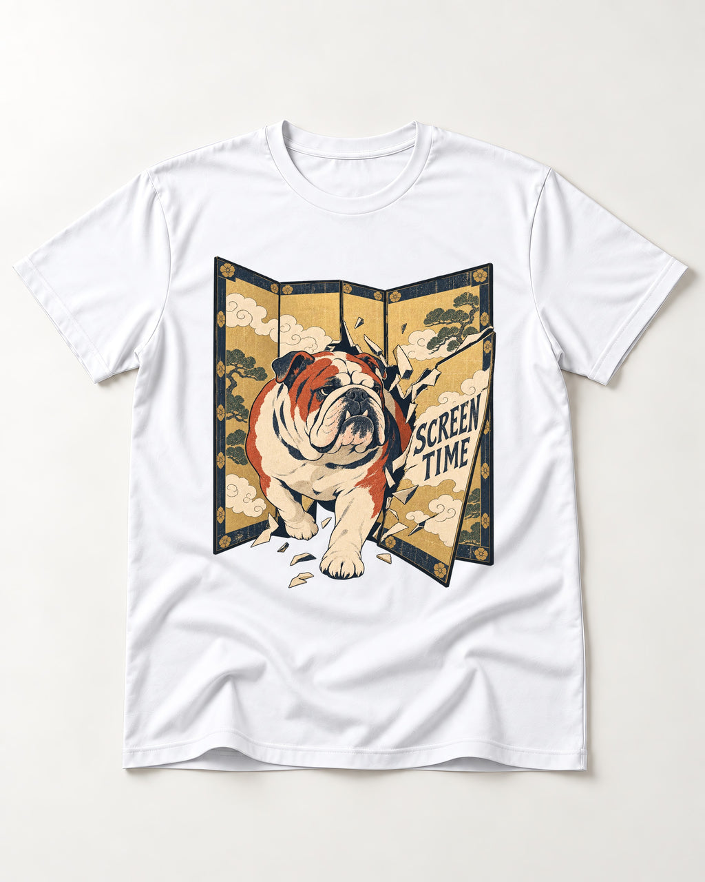 English Bulldog Screen Time T-Shirt in White, flat lay product photo