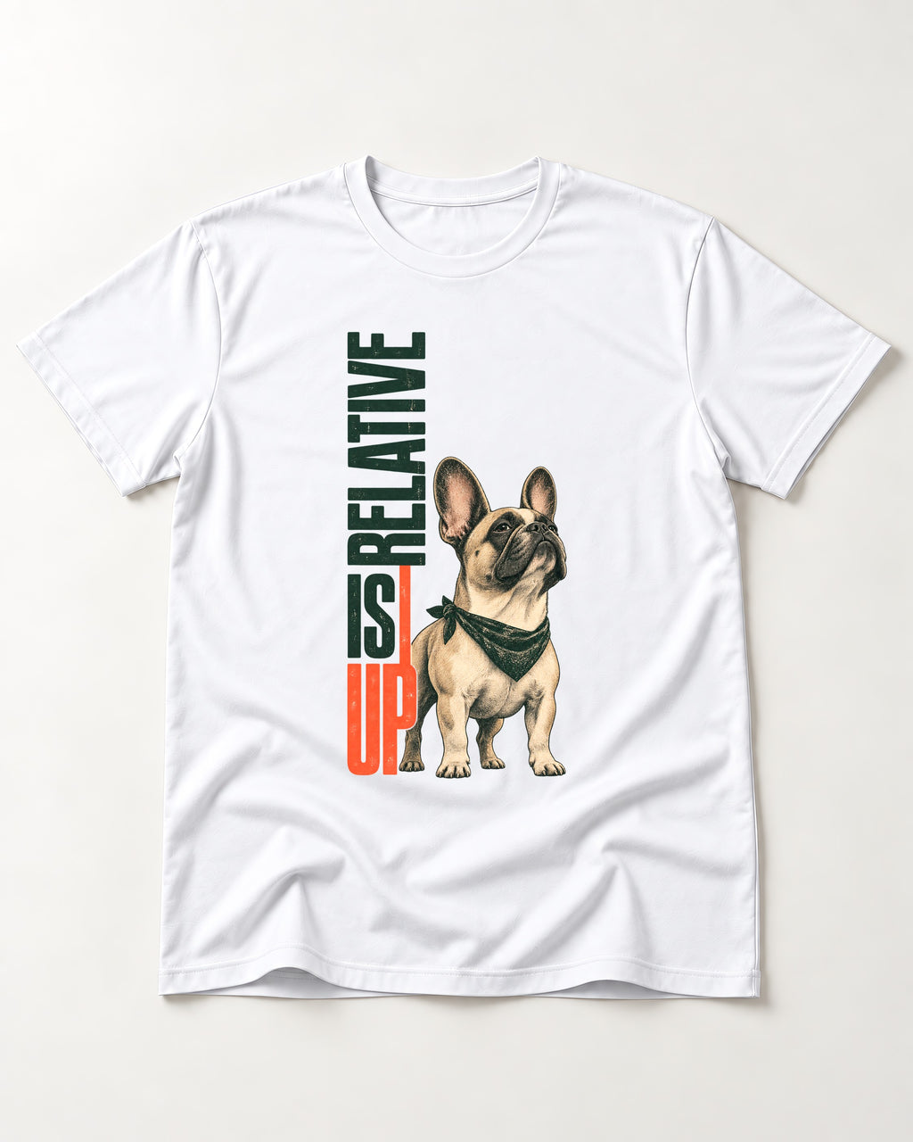 Up Is Relative Frenchie T-Shirt in White, flat lay product photo