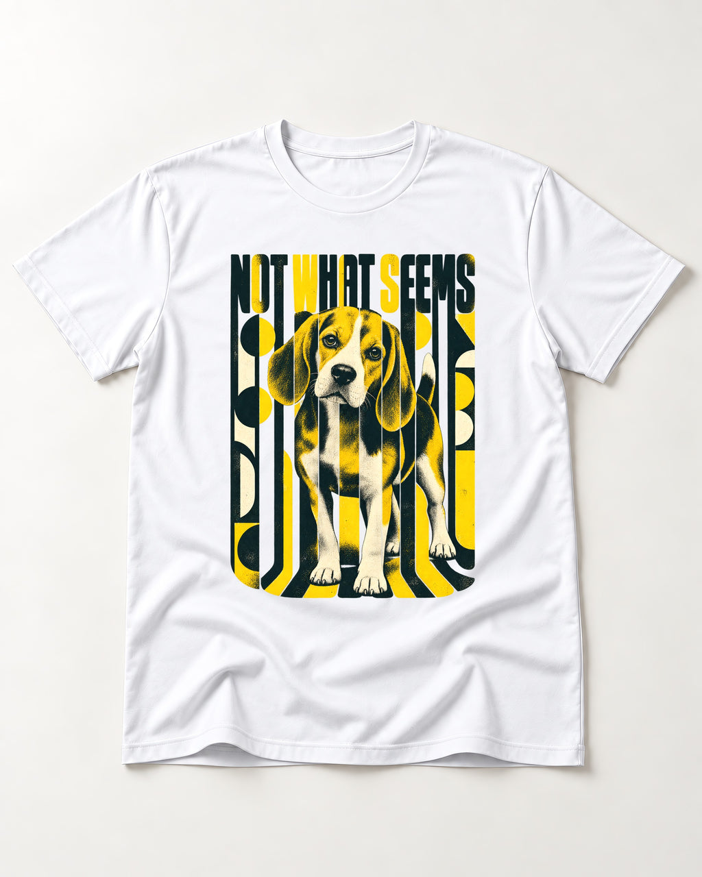 Not What It Seems Beagle T-Shirt in White, flat lay product photo